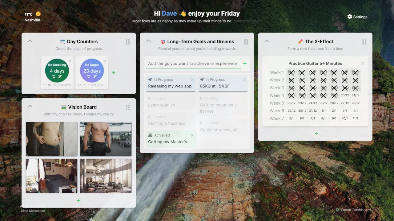 Dawn with habit cards: day counters, long-term goals, a vision board and the X-effect